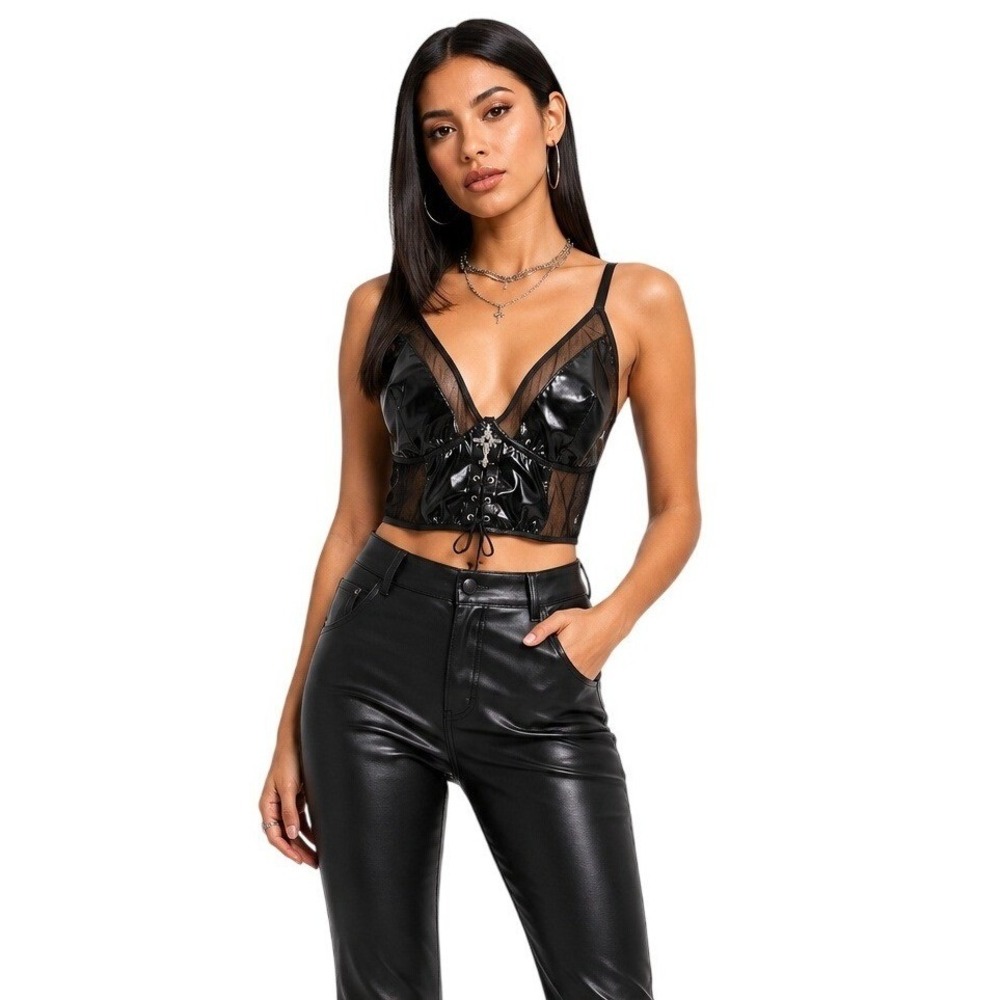Y2K Faux Leather Mesh Lace-Up Corset Crop Top Gothic V Neck Bustier Cami Size 4X